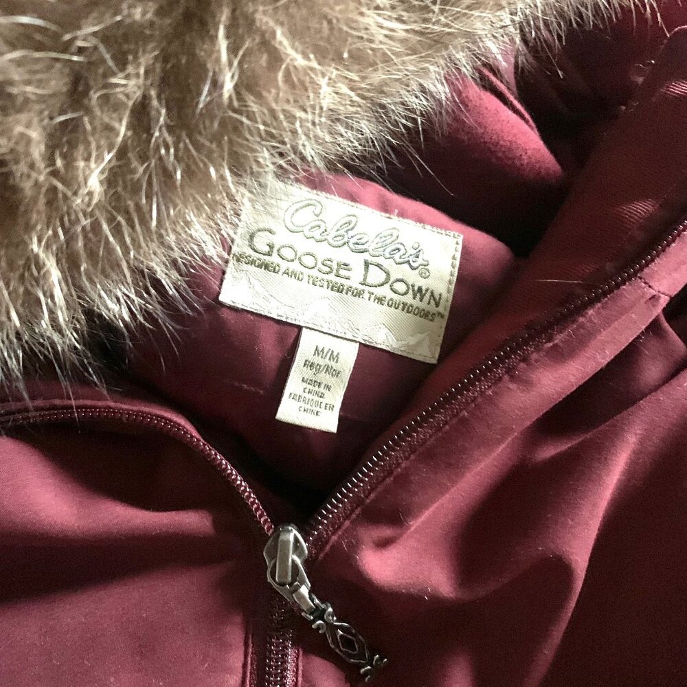 Cabela’s Goose Down Maroon Fox Fur Trim Vest; Medium